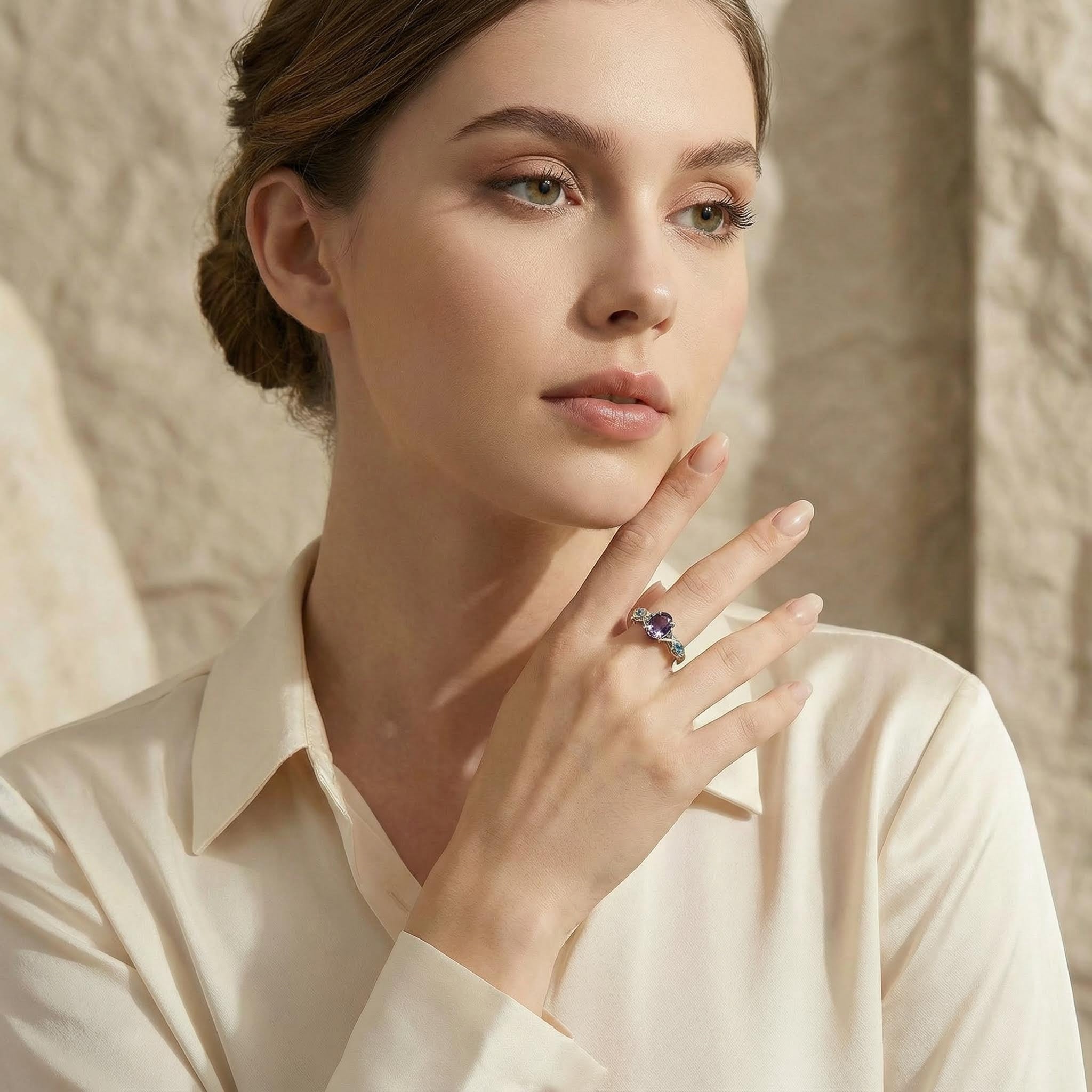 LUMINA - Oval Lab Alexandrite White Gold Textured Ring Unusual Engagement Ring