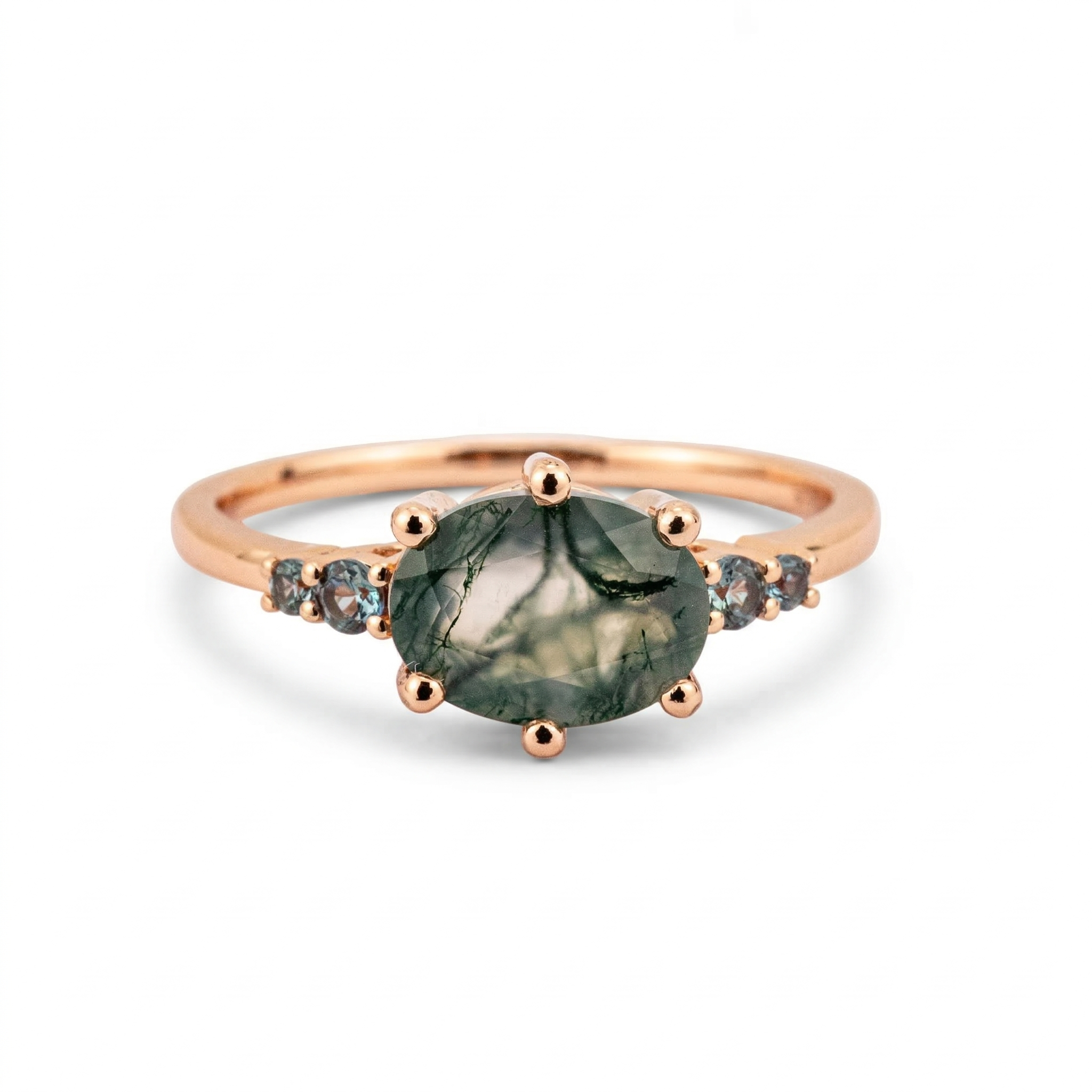 Front view of Oval Moss Agate Engagement Ring in Gold