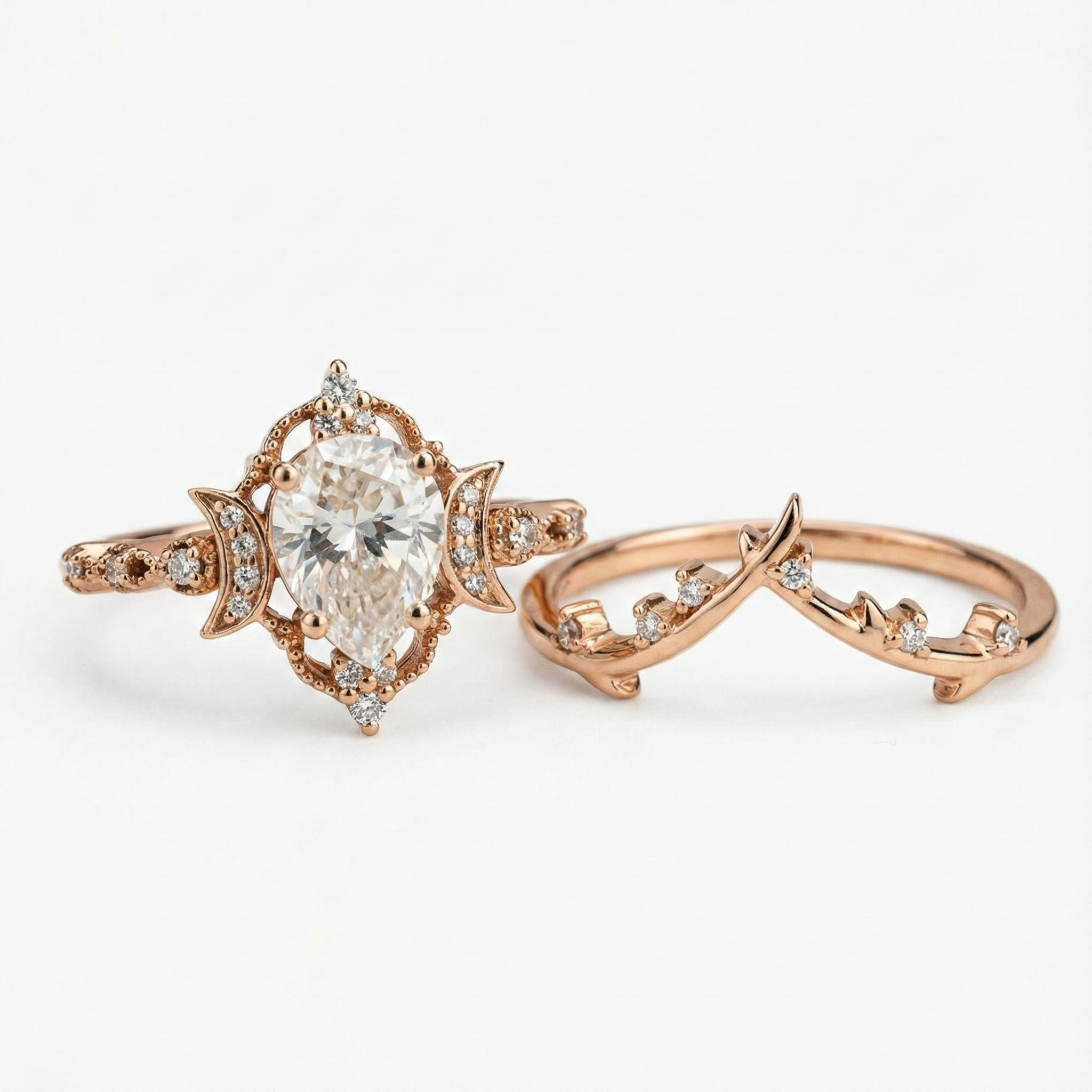 Pear Shape Moissanite Ring Set Nature Inspired Design Leaf Ring