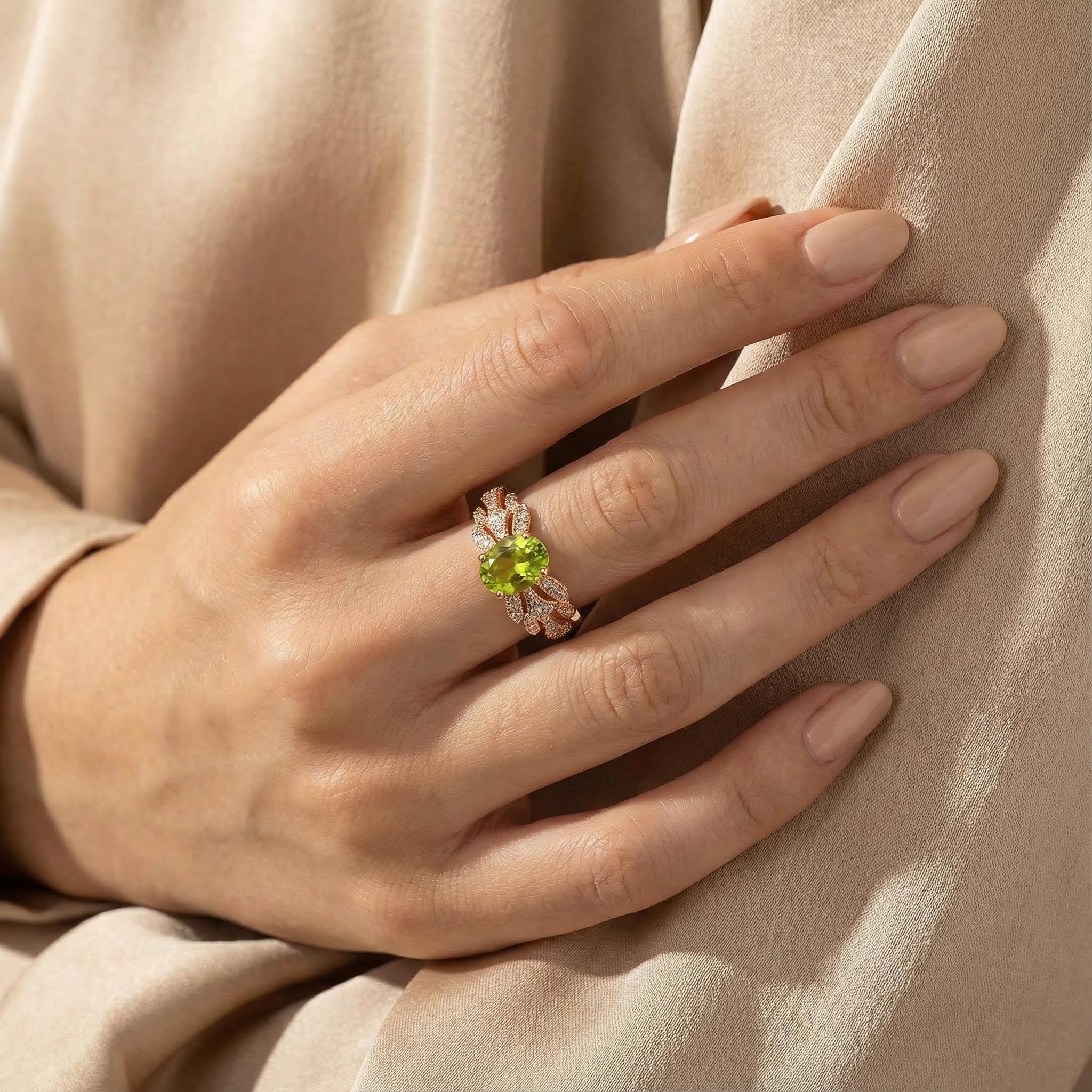 AETHER - Fireworks Cut Oval Peridot Rose Gold Moissanite Ring Green Gems Ring