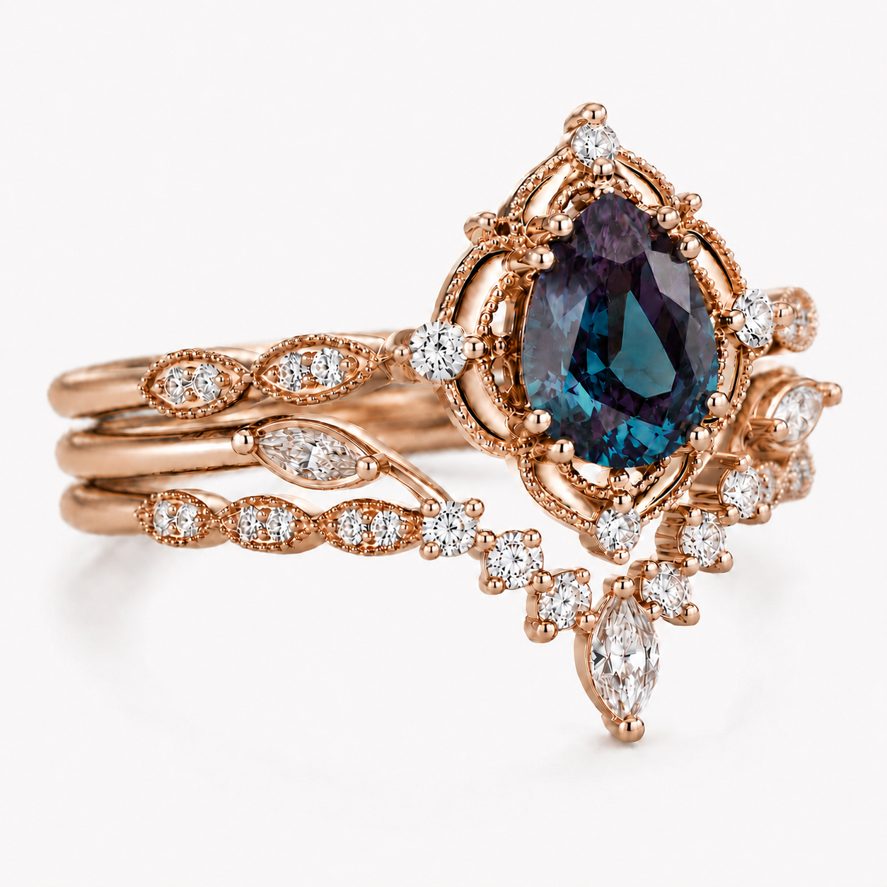 Pear Alexandrite Bridal Ring Set Vintage Rose Gold Engagement Ring Set with Moissanite Accents