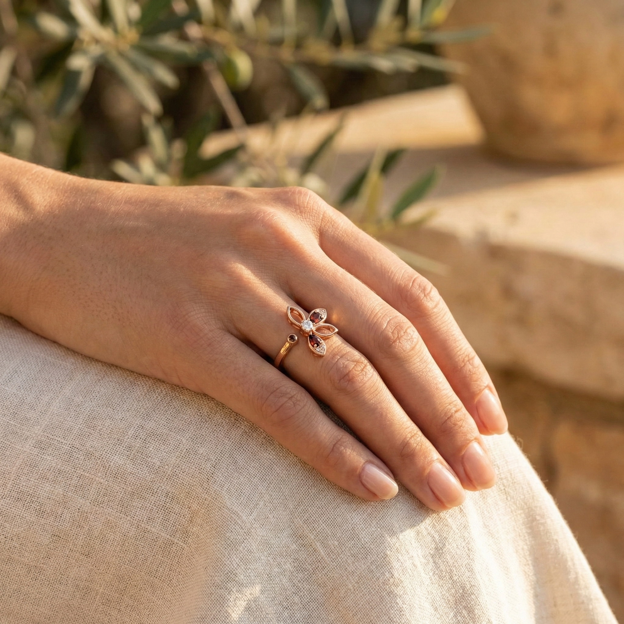 Sakura Flower Garnet Petal Ring.