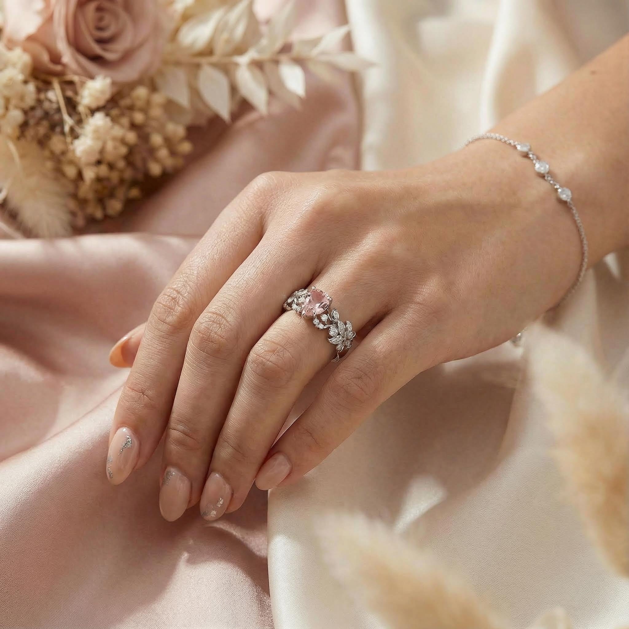 LUMINA - Pear-Shaped Padparadscha Leaf White Gold Ring with Nature-Inspired Design