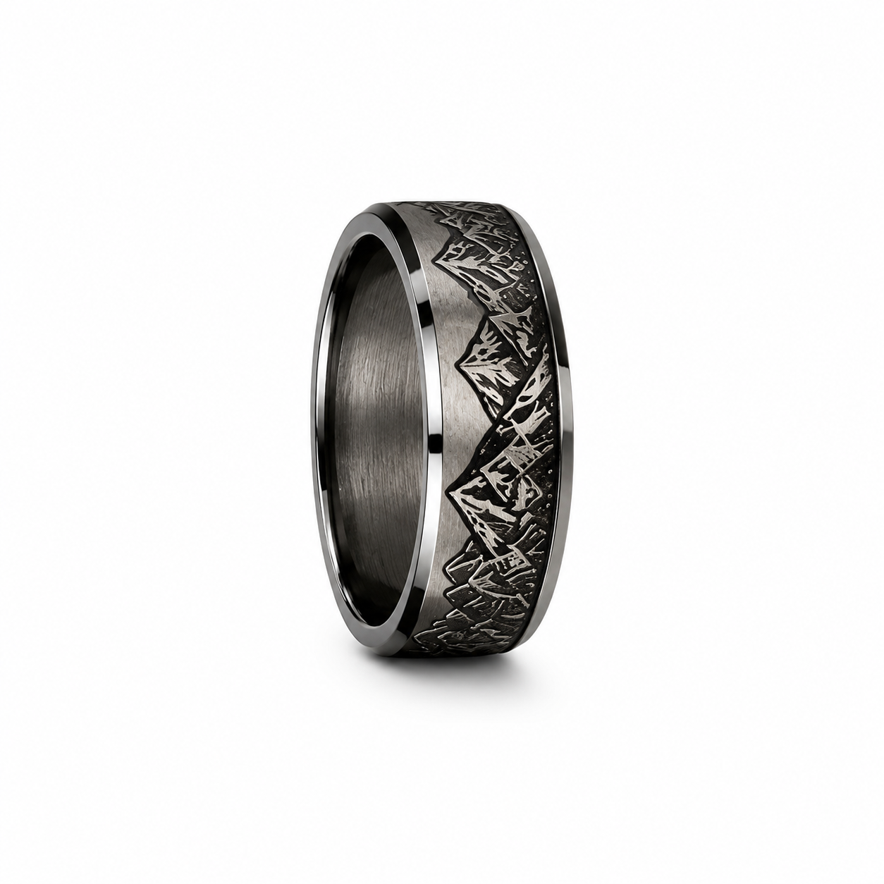 Upright black gold mountain engraved men’s wedding band with brushed finish