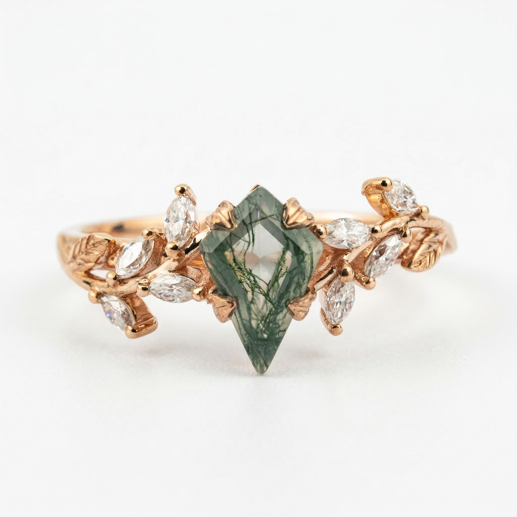 Nature Inspired Kite Shape Moss Agate with Leaf Texture Ring