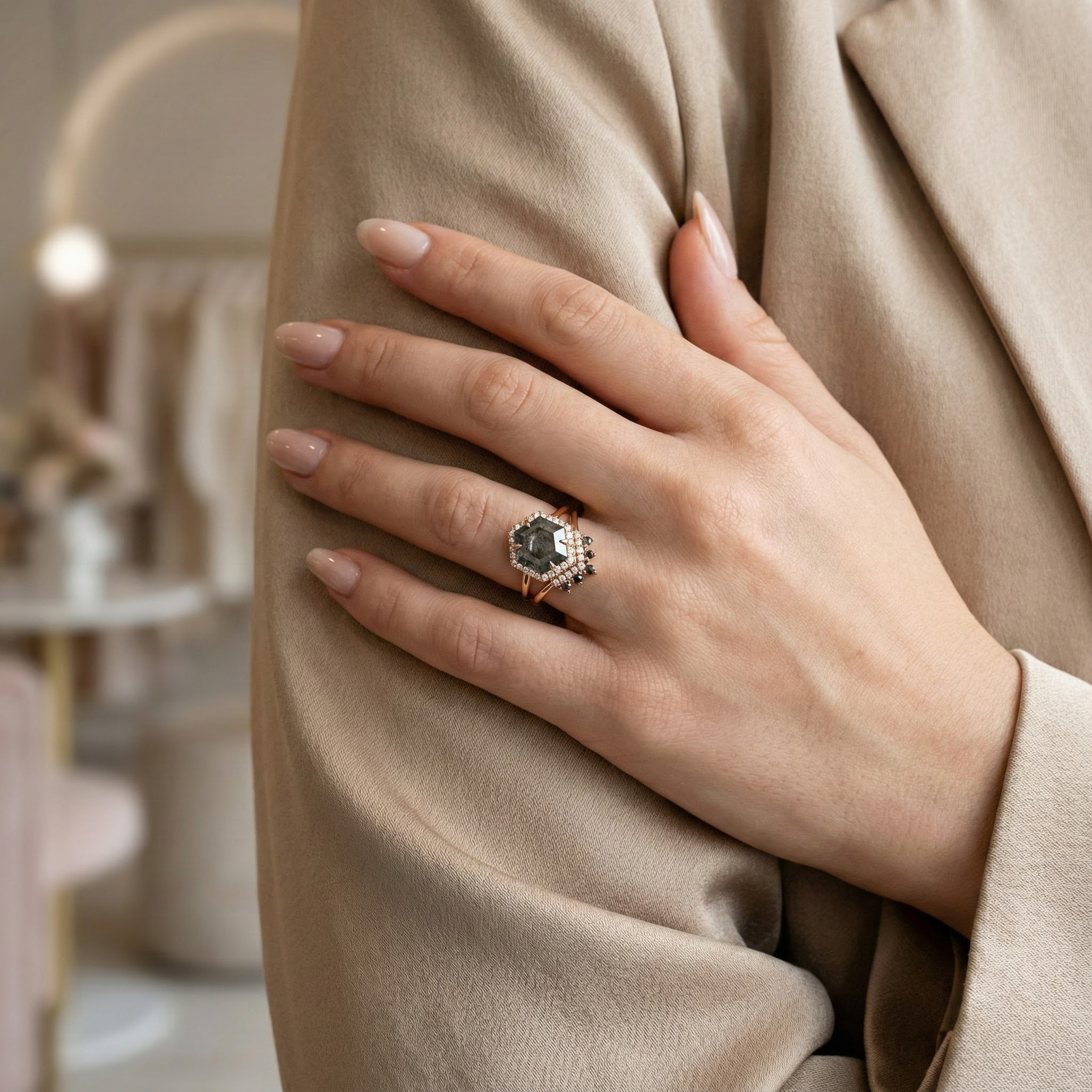 2 Carat Hexagonal Salt and Pepper Diamond Wedding Ring Set 