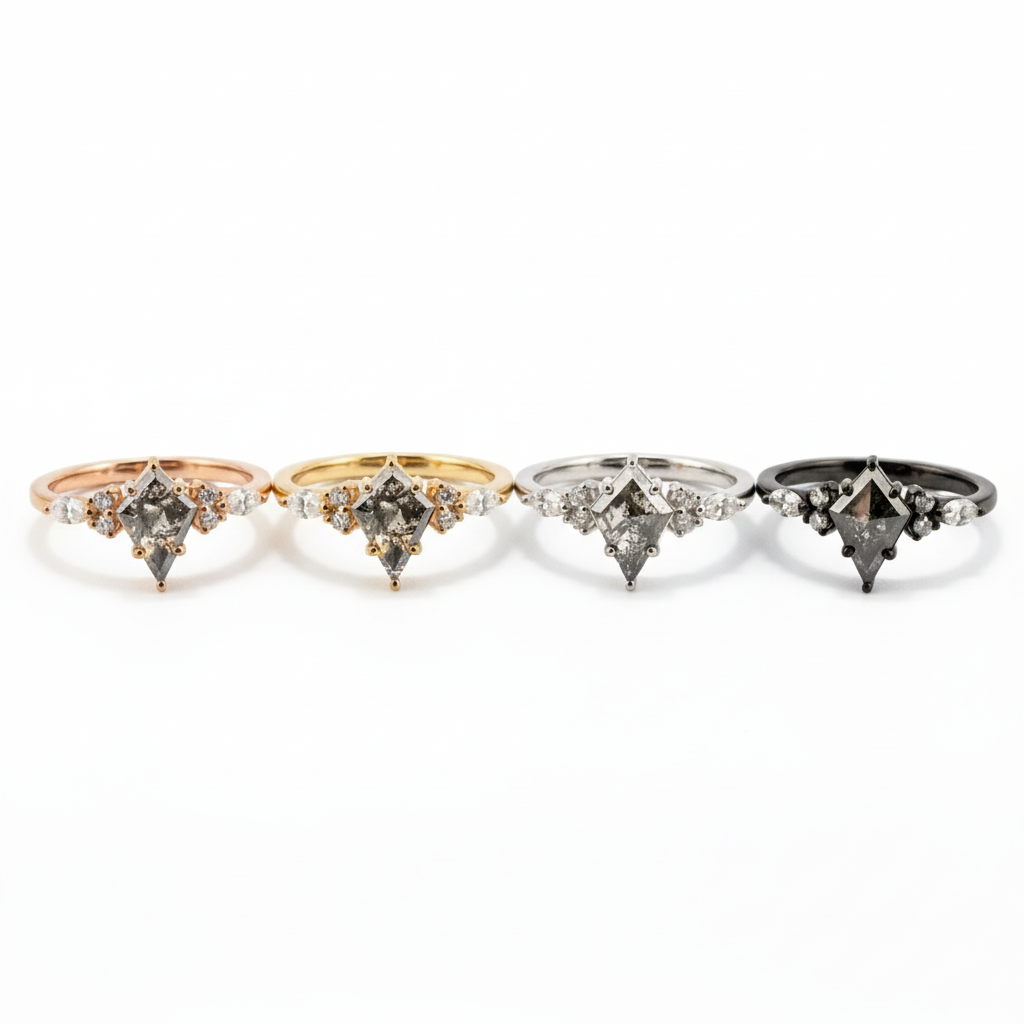 Lifestyle view of Kite Cut Salt and Pepper Diamond Engagement Ring in Gold