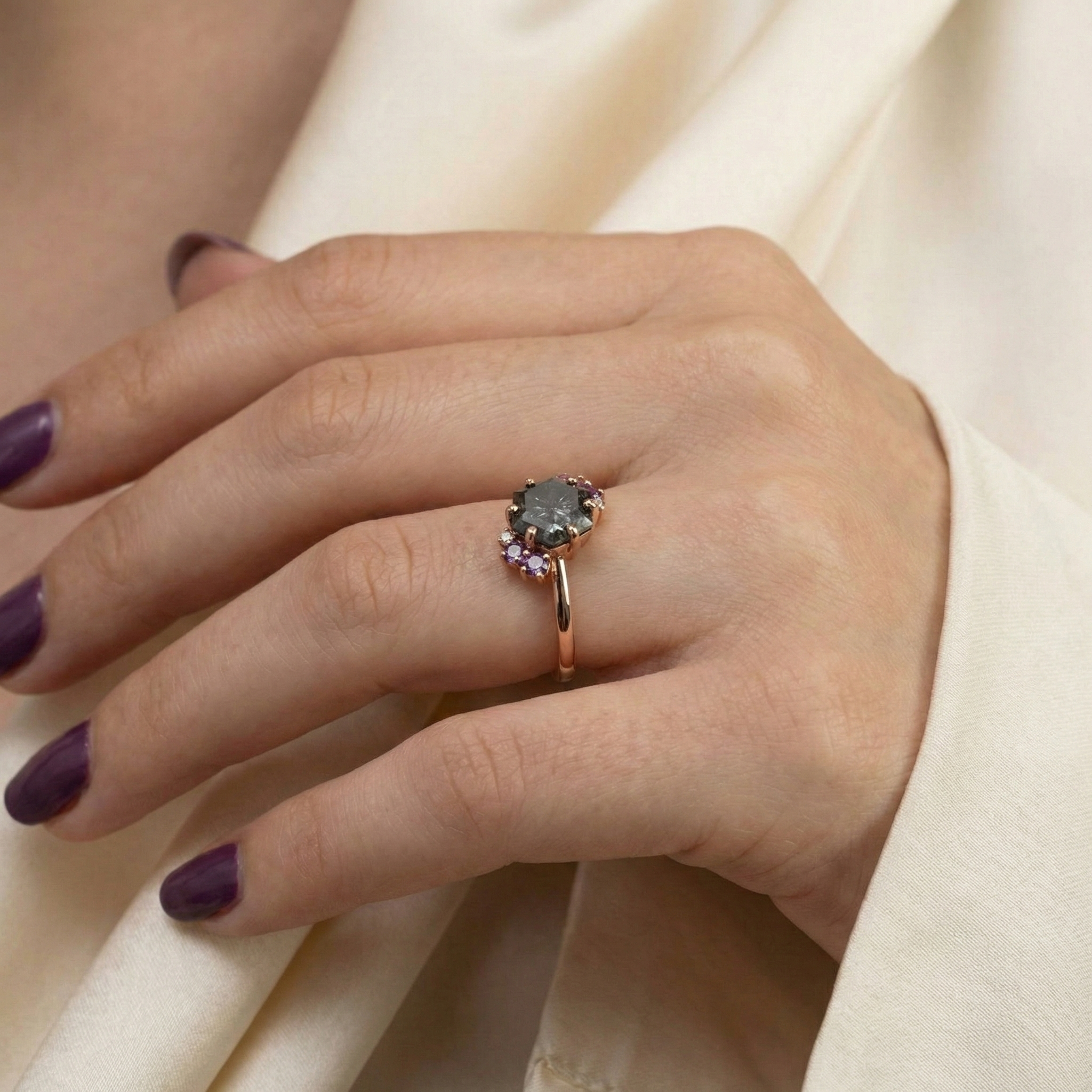 Hexagonal Black Tourmaline with Amethyst Rose Gold Ring.
