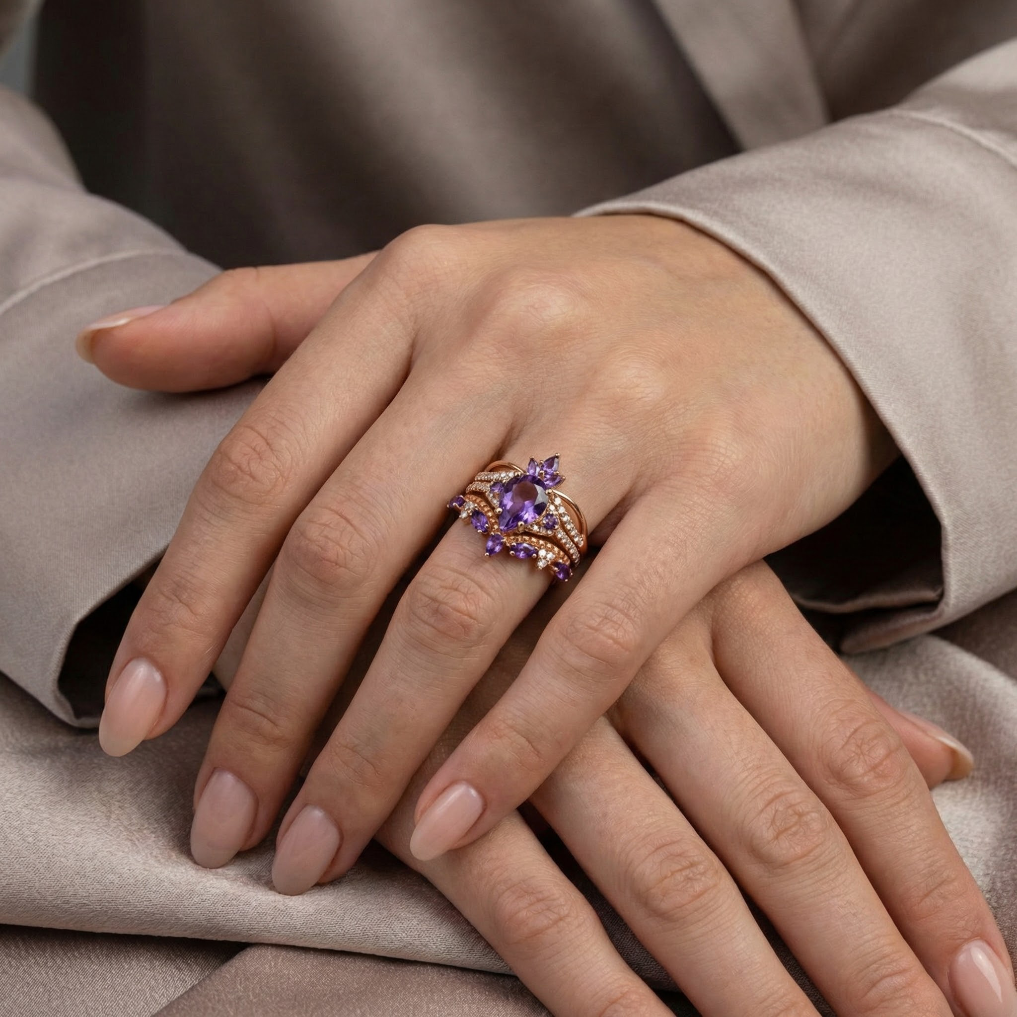 Detailed view of Pear Amethyst Ring Set in Gold