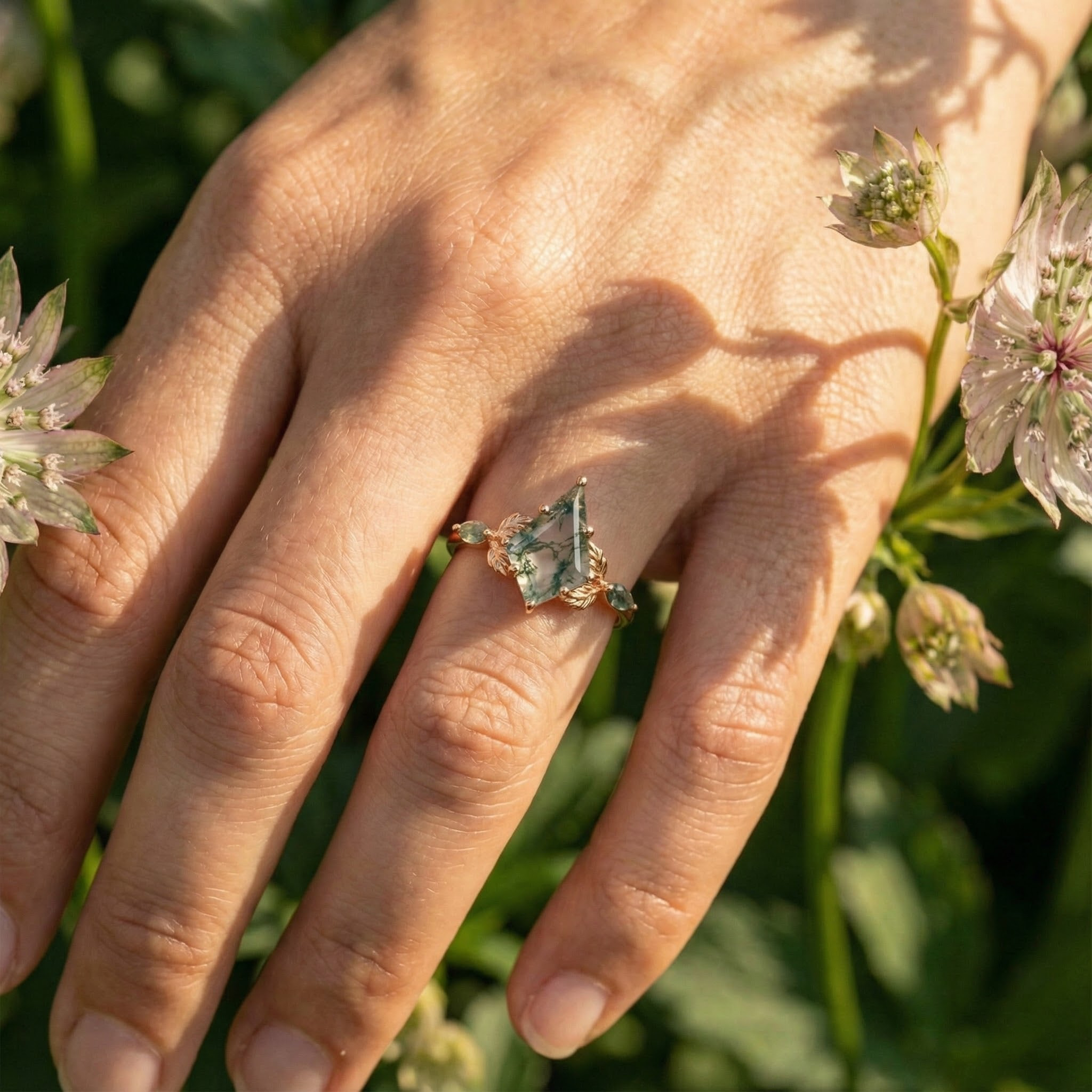 Detailed view of Kite Cut Moss Agate Ring in Gold