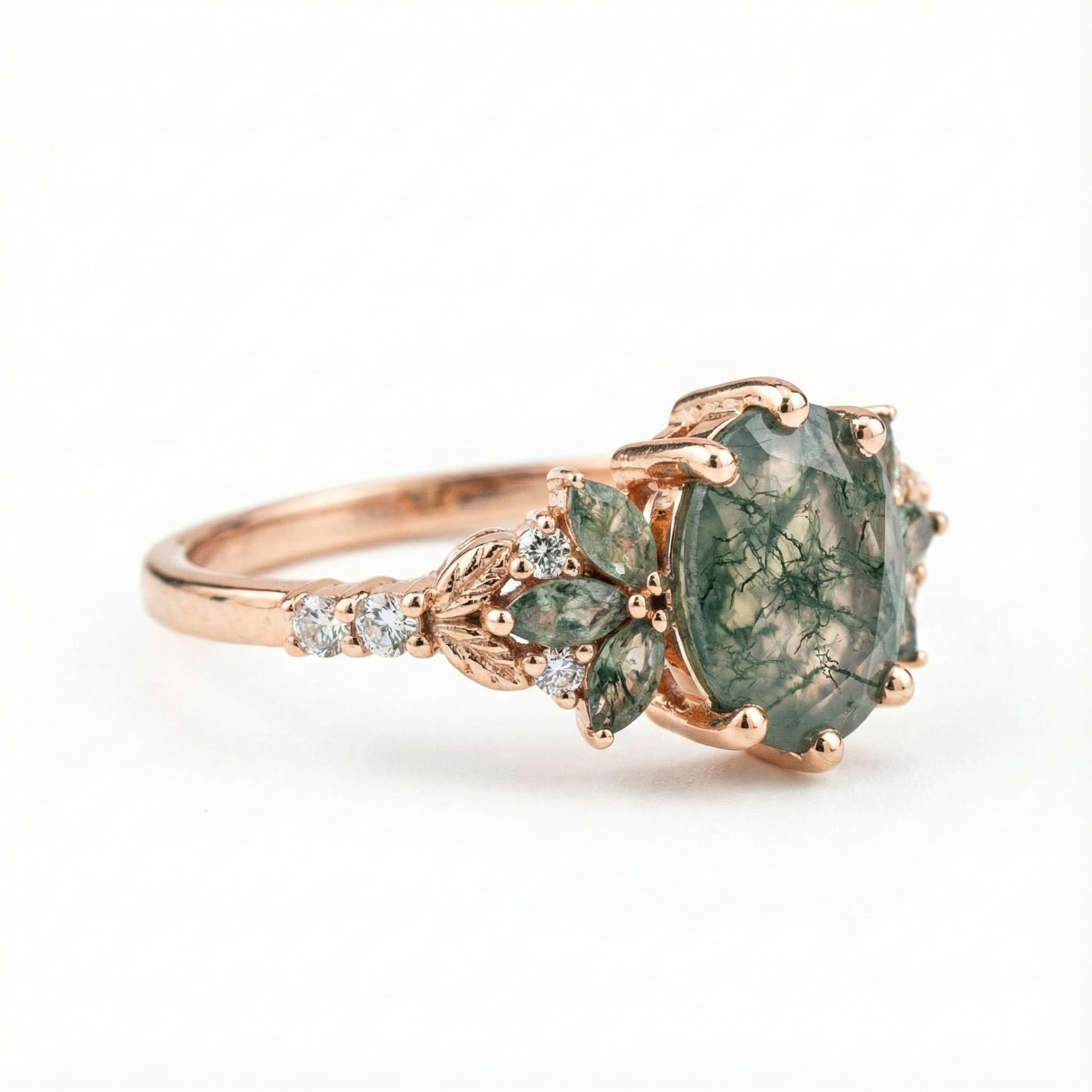 Oval Moss Agate Ring with Moissanite Nature-Inspired Design