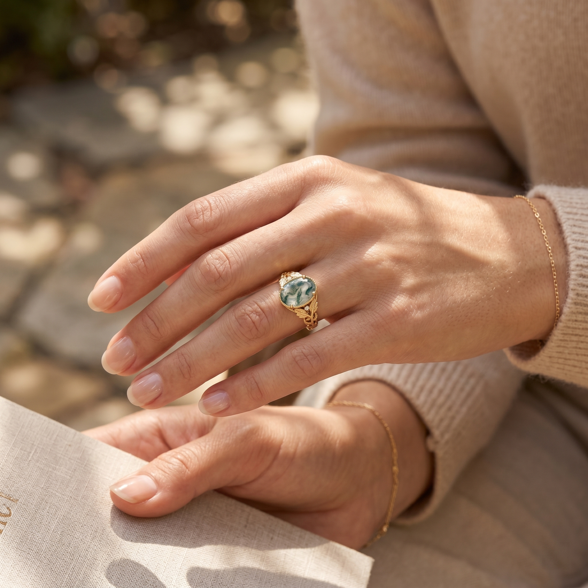 Detailed view of Oval Moss Agate Engagement Ring in Gold