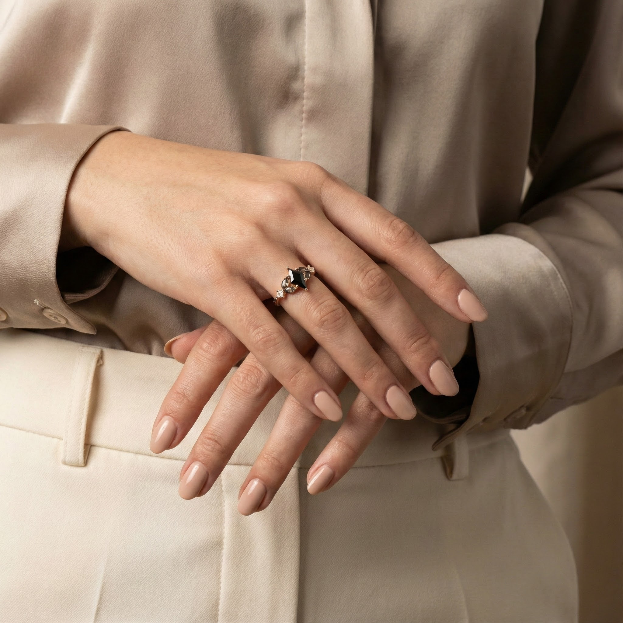 Kite Shape Black Onyx with Moss Agate Unique Ring  Black Onyx Engagement Ring