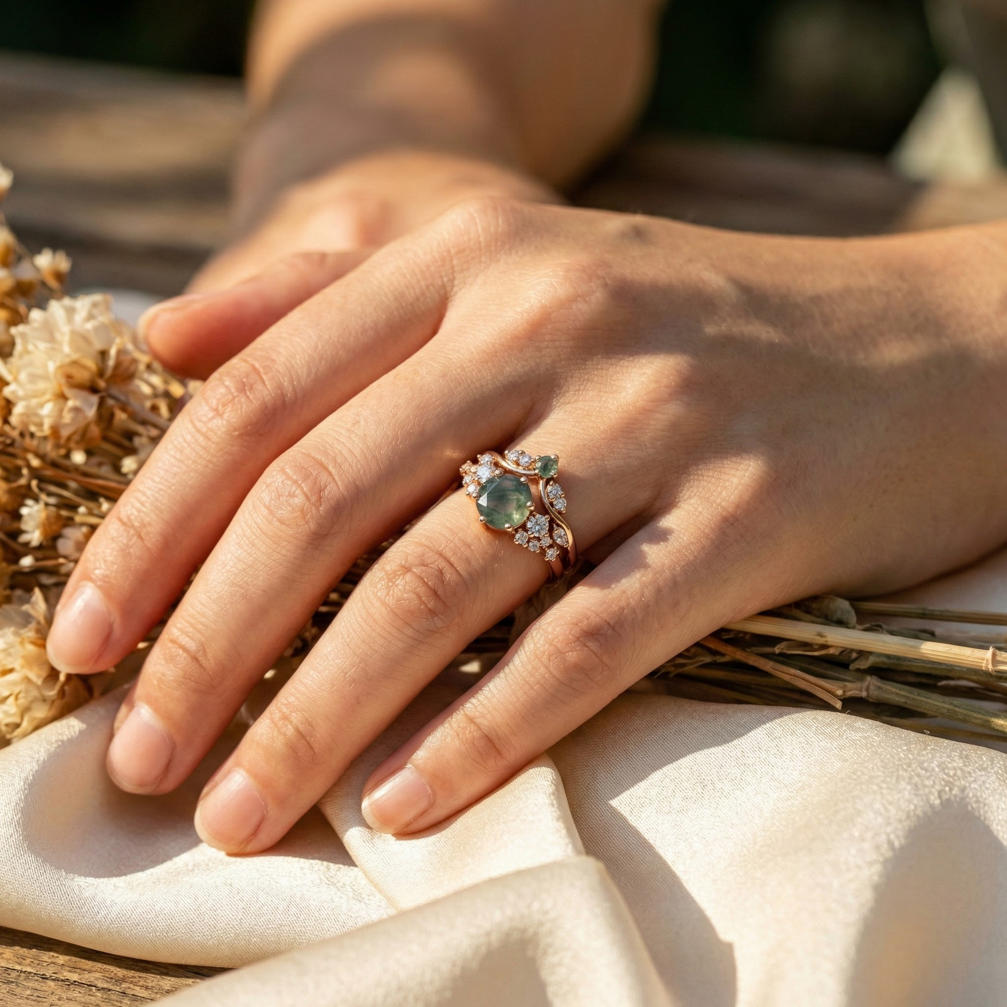 Detailed view of Round Moss Agate Ring Set in Gold