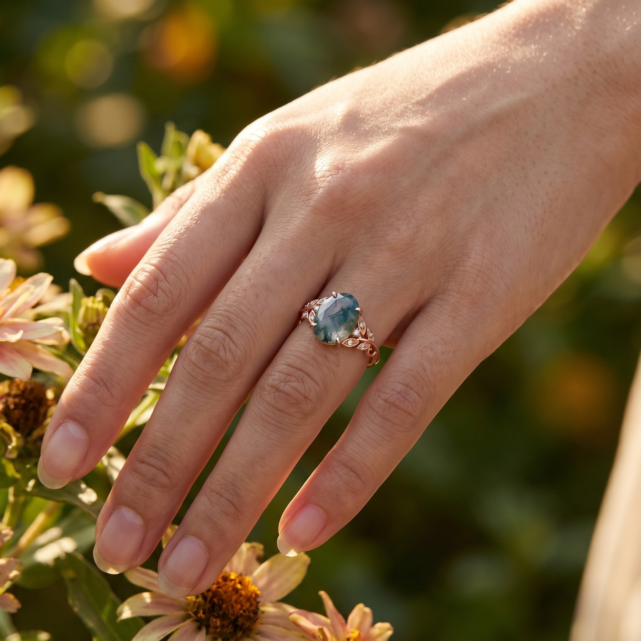 Detailed view of Oval Moss Agate Engagement Ring in Gold