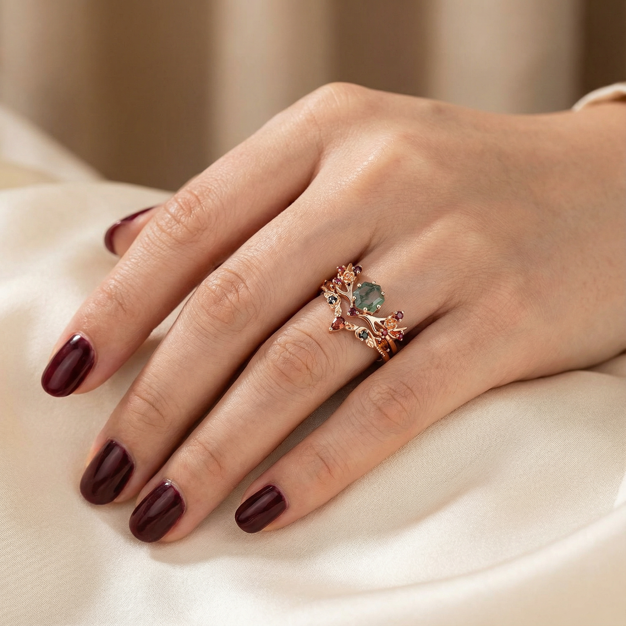 Botanical Elegance - Hexagonal Moss Agate and Garnet Leaf Ring Set Floarl Ring Set