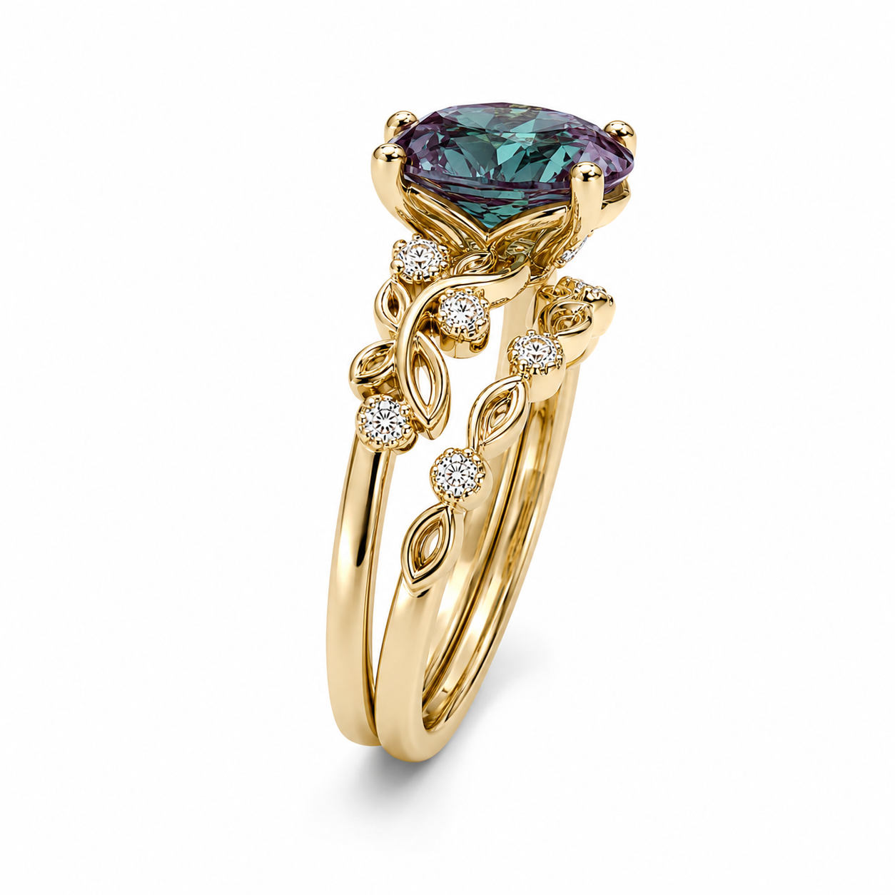 Side view of oval lab alexandrite engagement ring set with floral leaf details