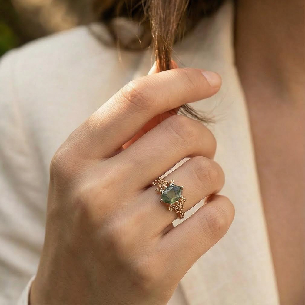 Unique Hexagonal Moss Agate and Black Onyx Rose Gold Ring Moss Agate Engagement Ring