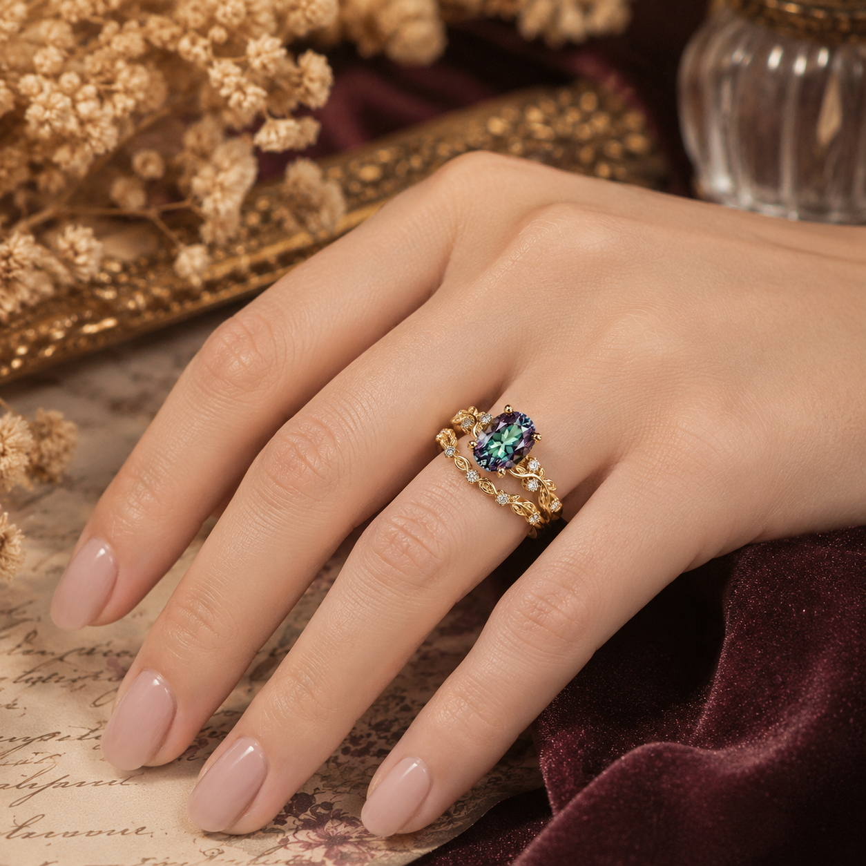 Lab alexandrite floral bridal ring set worn on hand in yellow gold