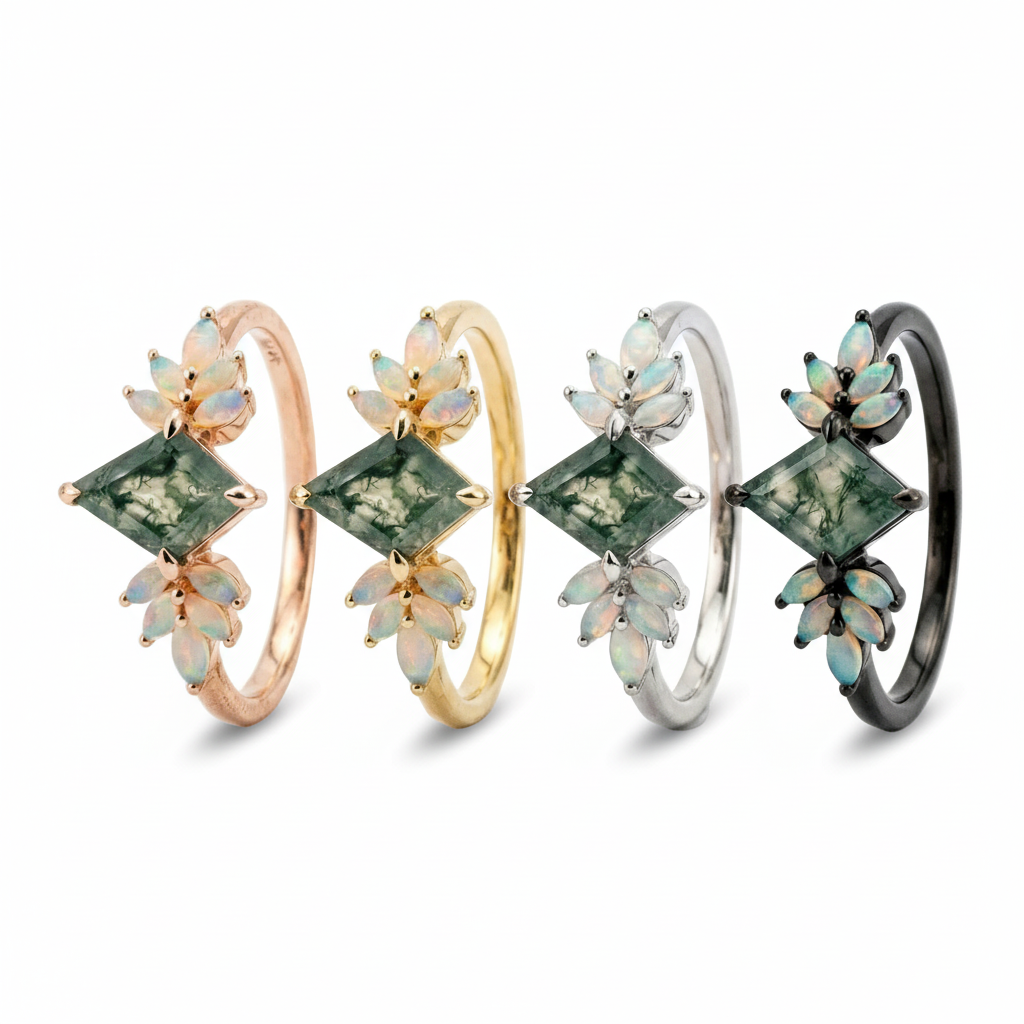 Lifestyle view of Kite Cut Moss Agate Ring in Rose Gold