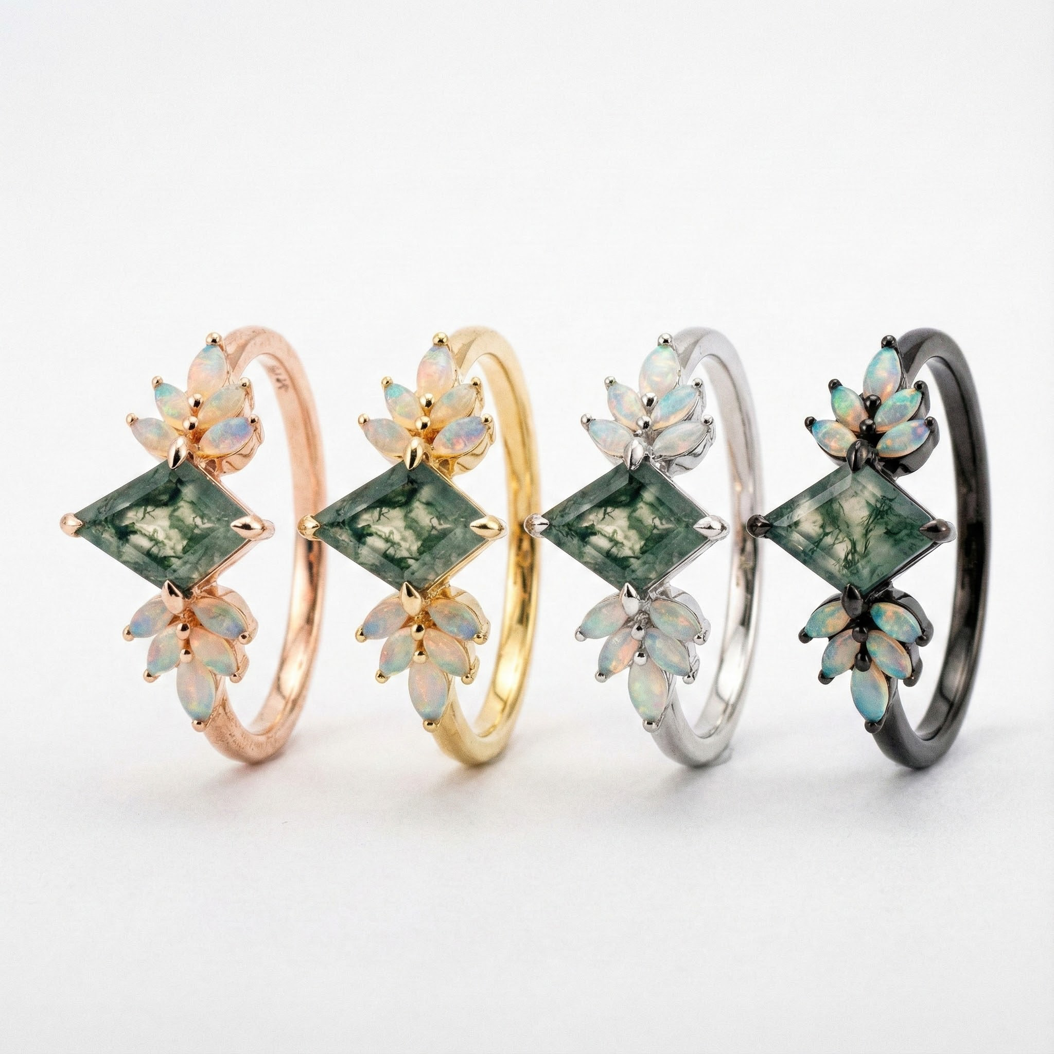 Kite-shaped Moss Agate With Opal Rose Gold Ring Art Deco Ring Opal Engagement Ring