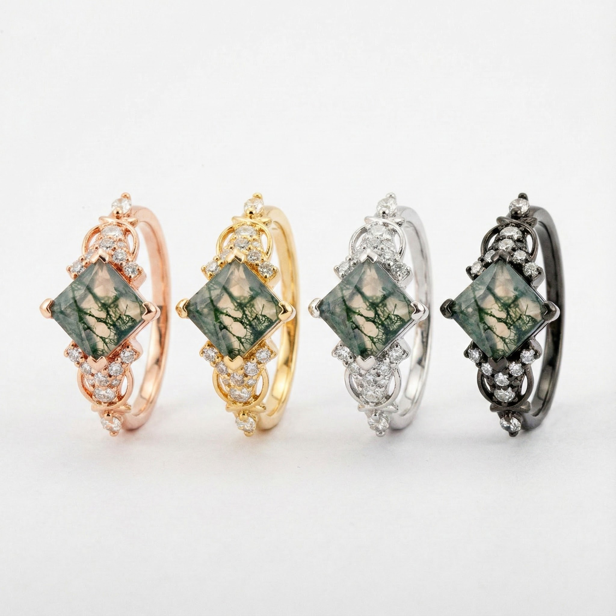 Luxurious Princess Moss Agate Ring with Moissanite - Perfect Engagement Ring