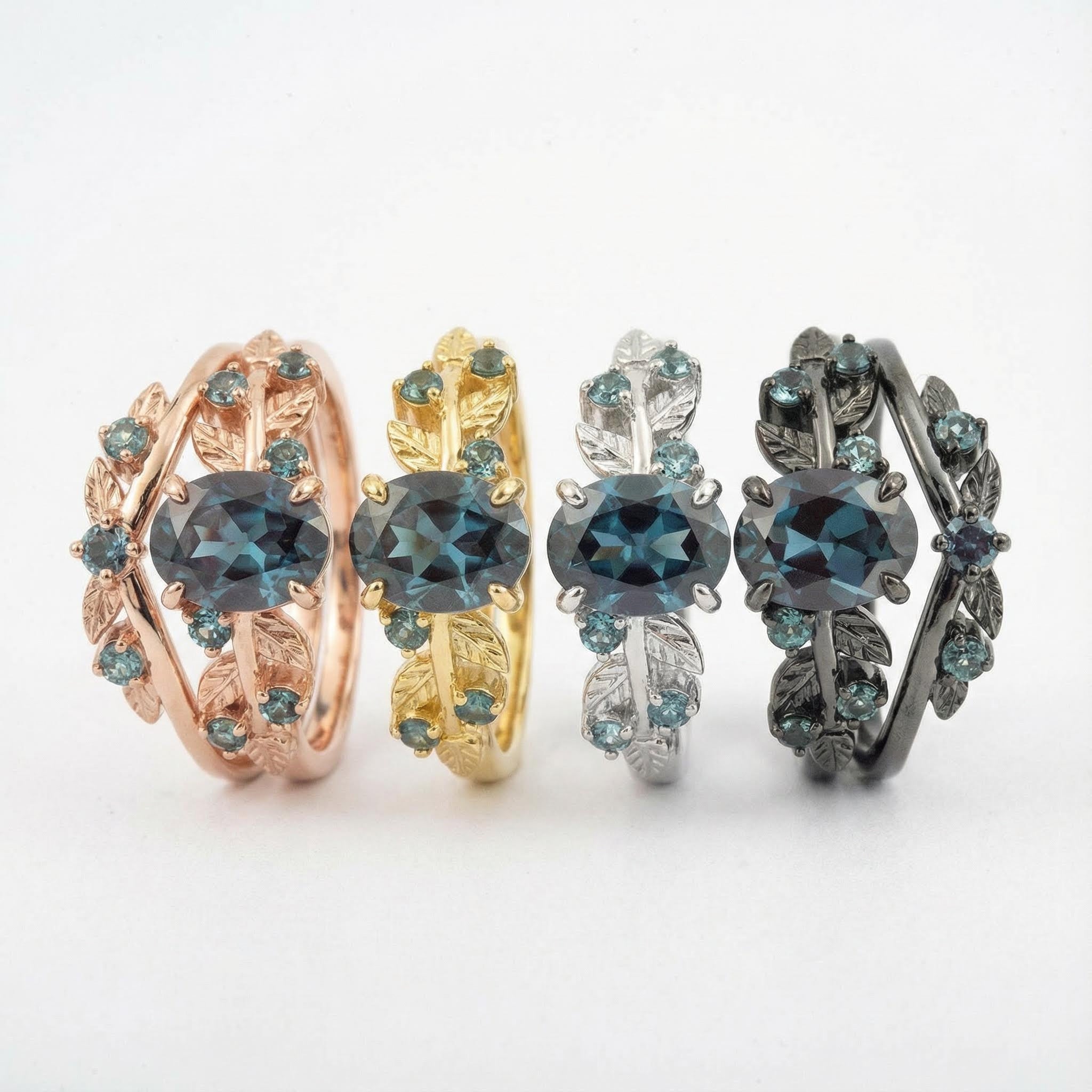 ELEVA - Oval Cultivated Alexandrite Black Gold Leaf Ring Set Black Gold Engagement