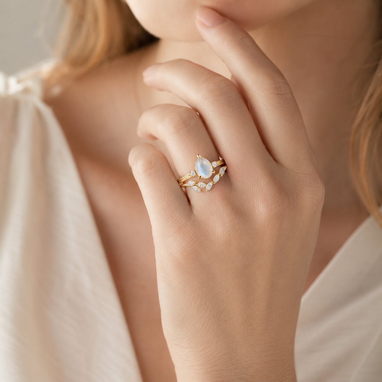 Pear Moonstone Leaf Engagement Ring – Nature Inspired Gold Bridal Ring