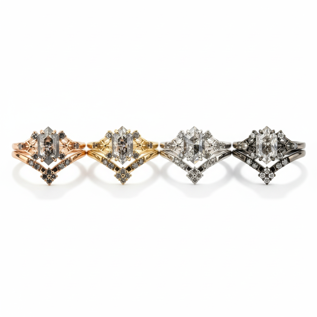 Lifestyle view of Long Hexagon Salt and Pepper Diamond Ring Set in Gold