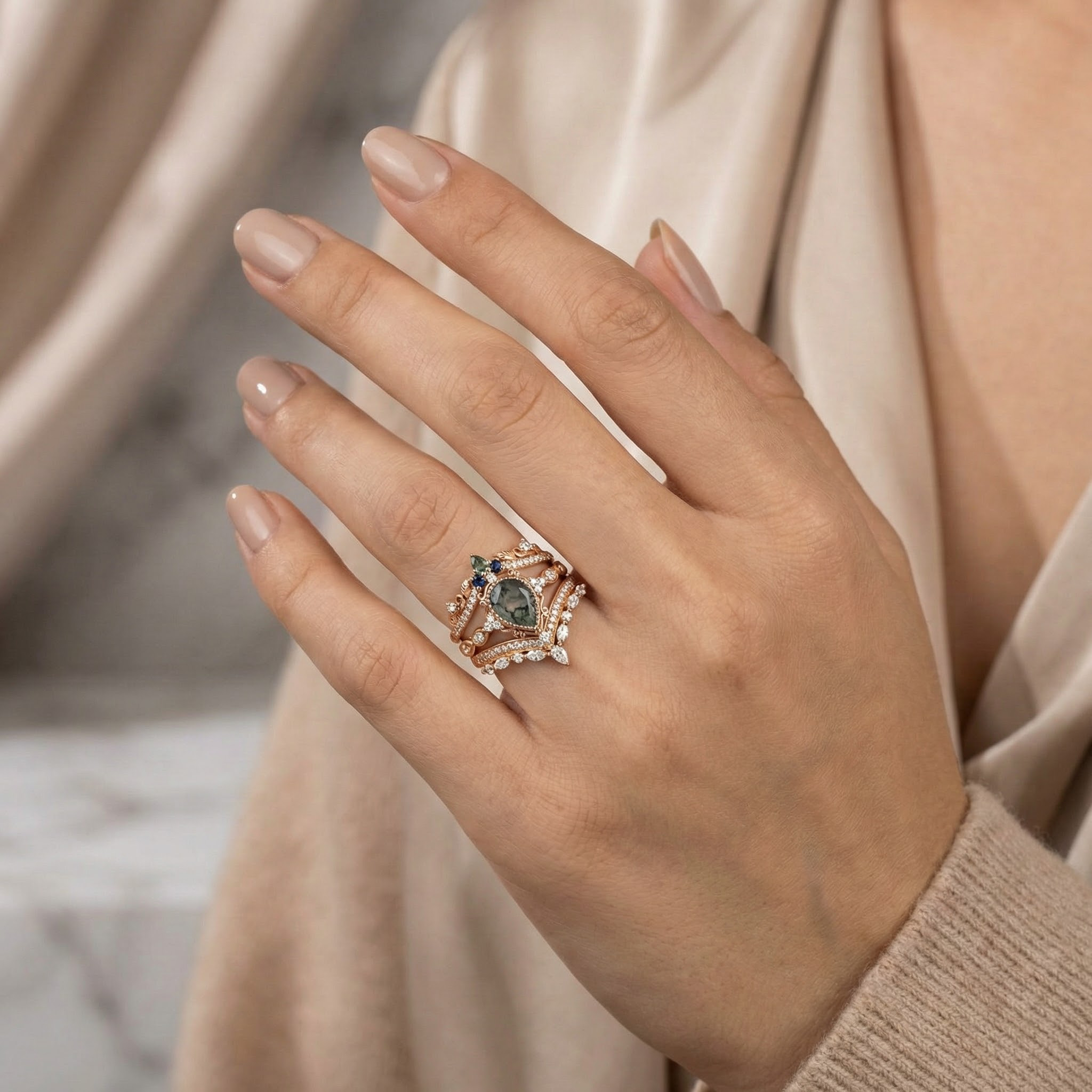 Exquisite wedding ring with pear moss agate stone, nature-inspired leaf design - luxurious and stunning