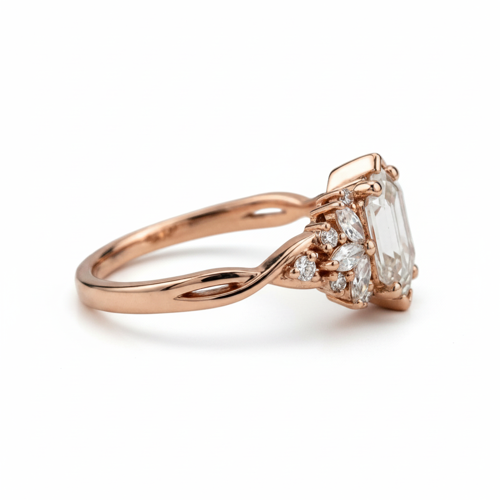 Product view of Long Hexagon Moissanite Engagement Ring in Rose Gold