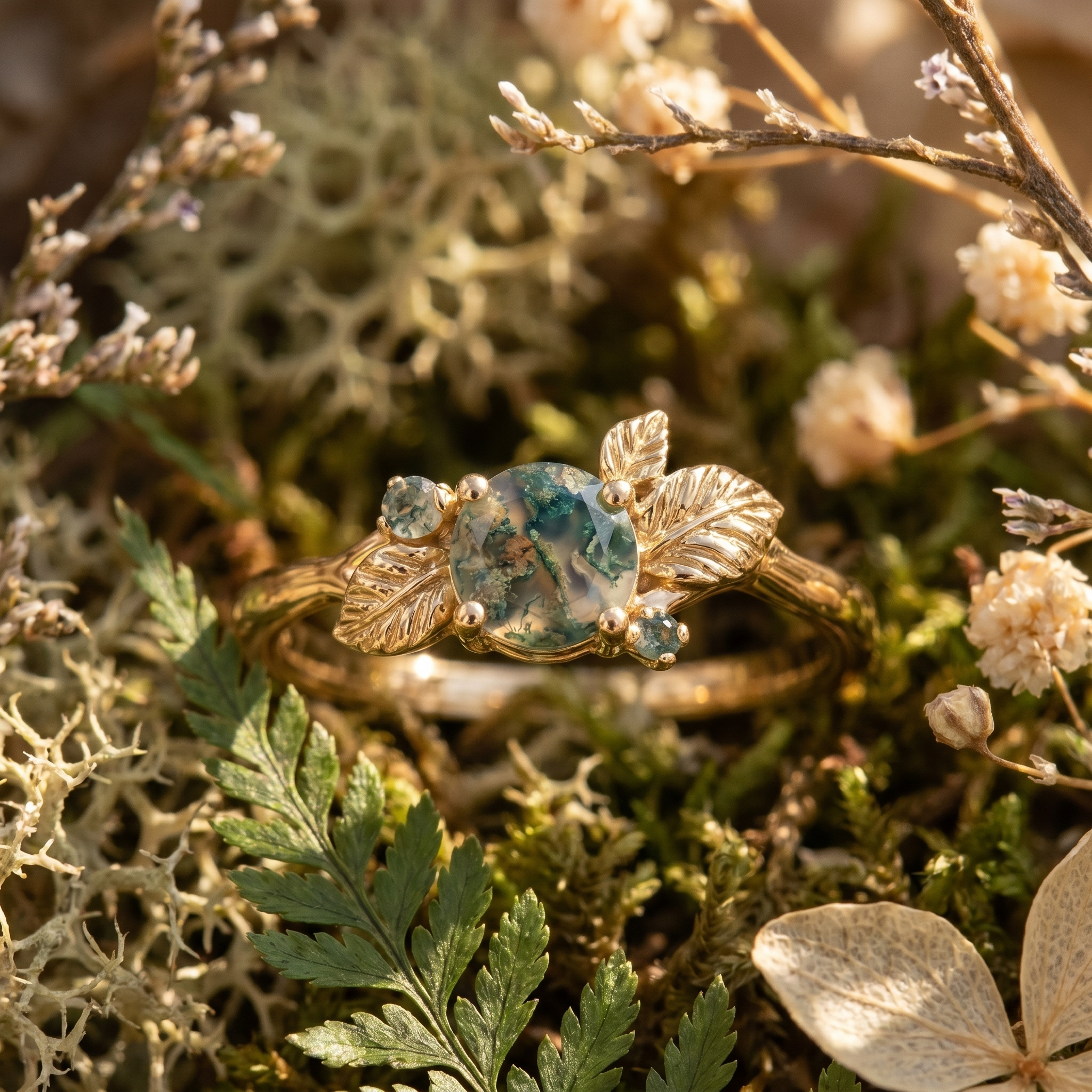 Product view of Round Moss Agate Ring in Gold