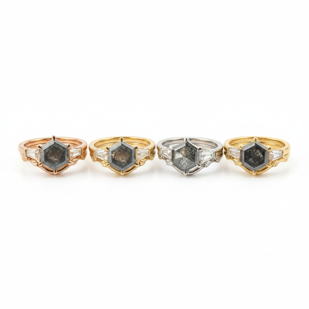 Lifestyle view of Hexagon Salt and Pepper Diamond Ring Set in Gold