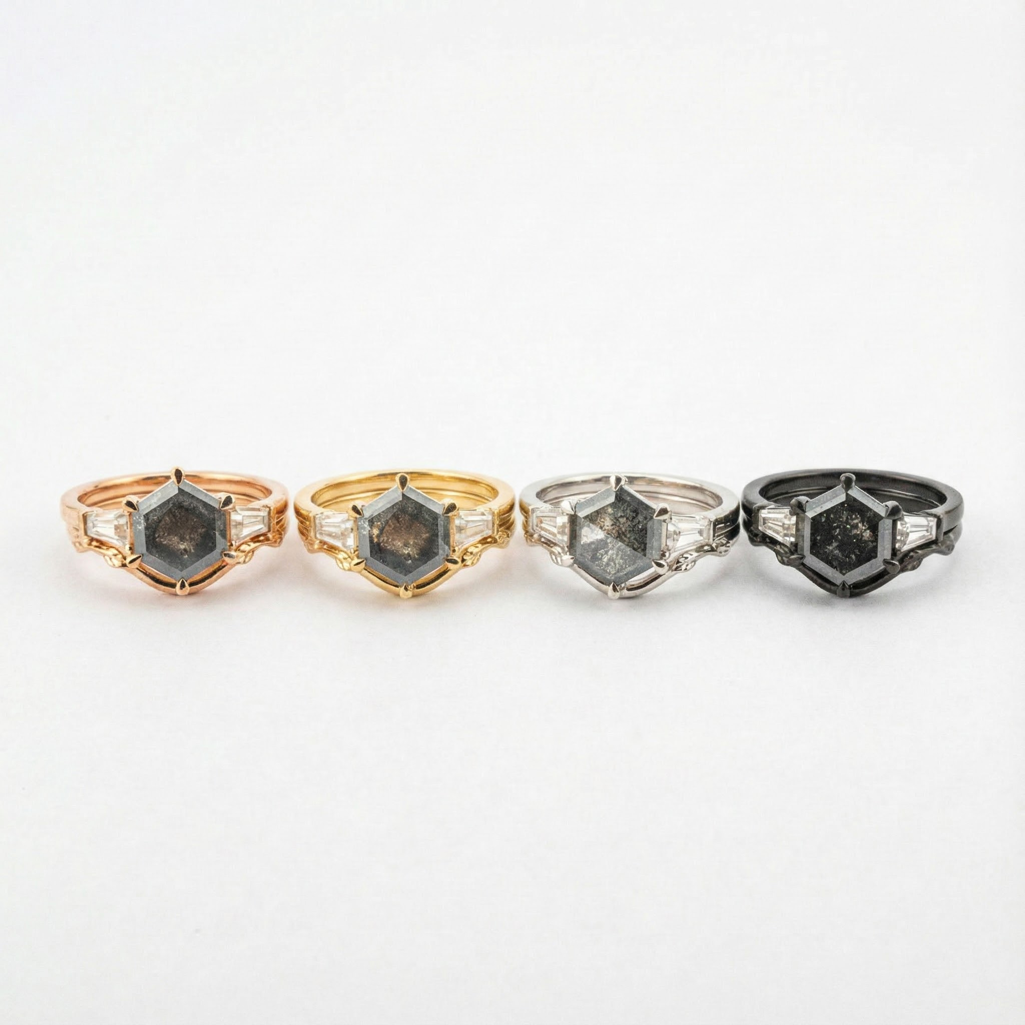 Elegant hexagonal salt and pepper ring set crafted in 18k gold - perfect for engagement
