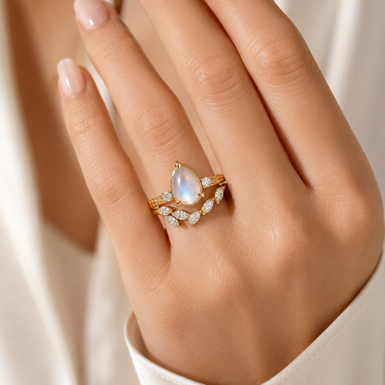 Pear Moonstone Leaf Engagement Ring – Nature Inspired Gold Bridal Ring