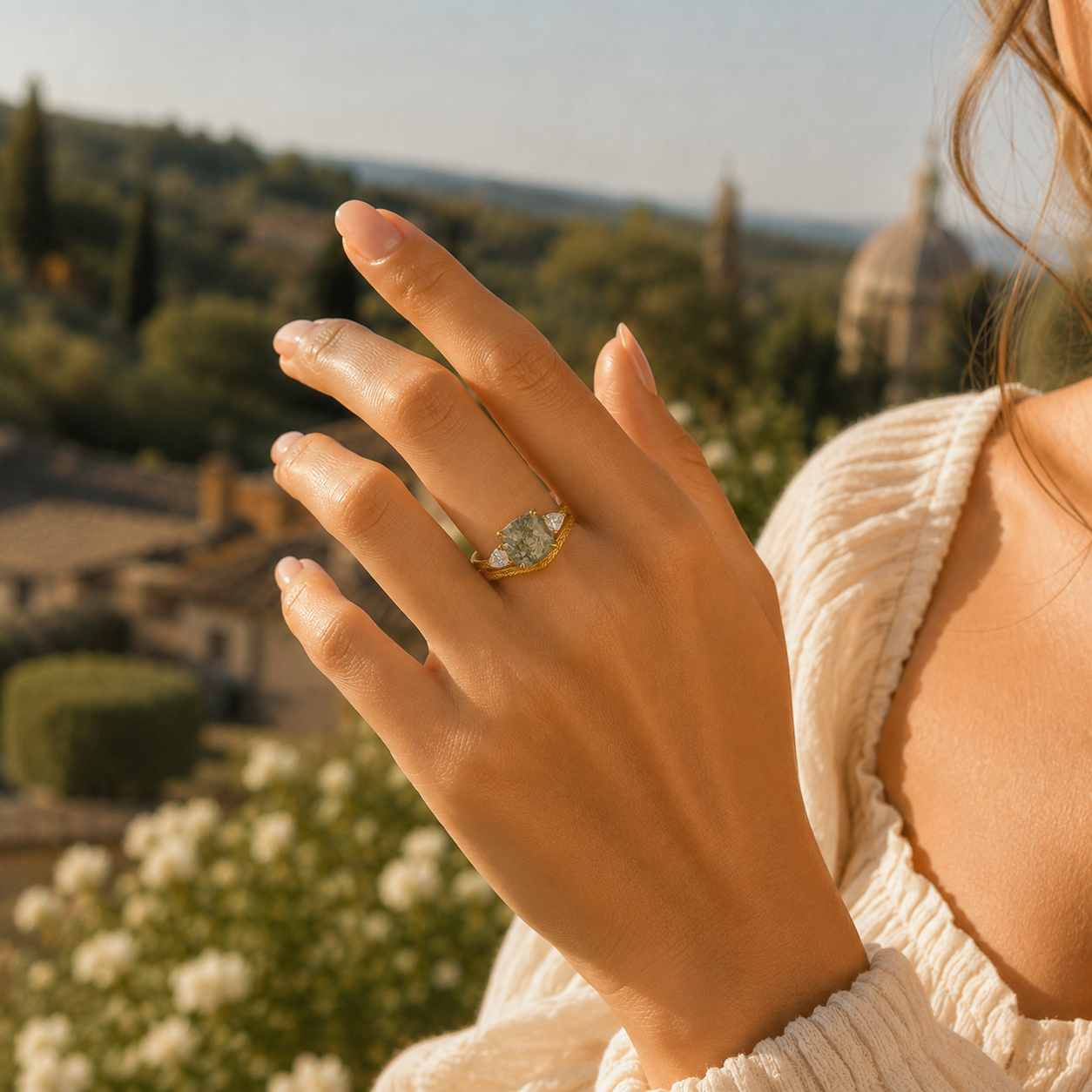 Unique alternative engagement ring with natural moss agate
