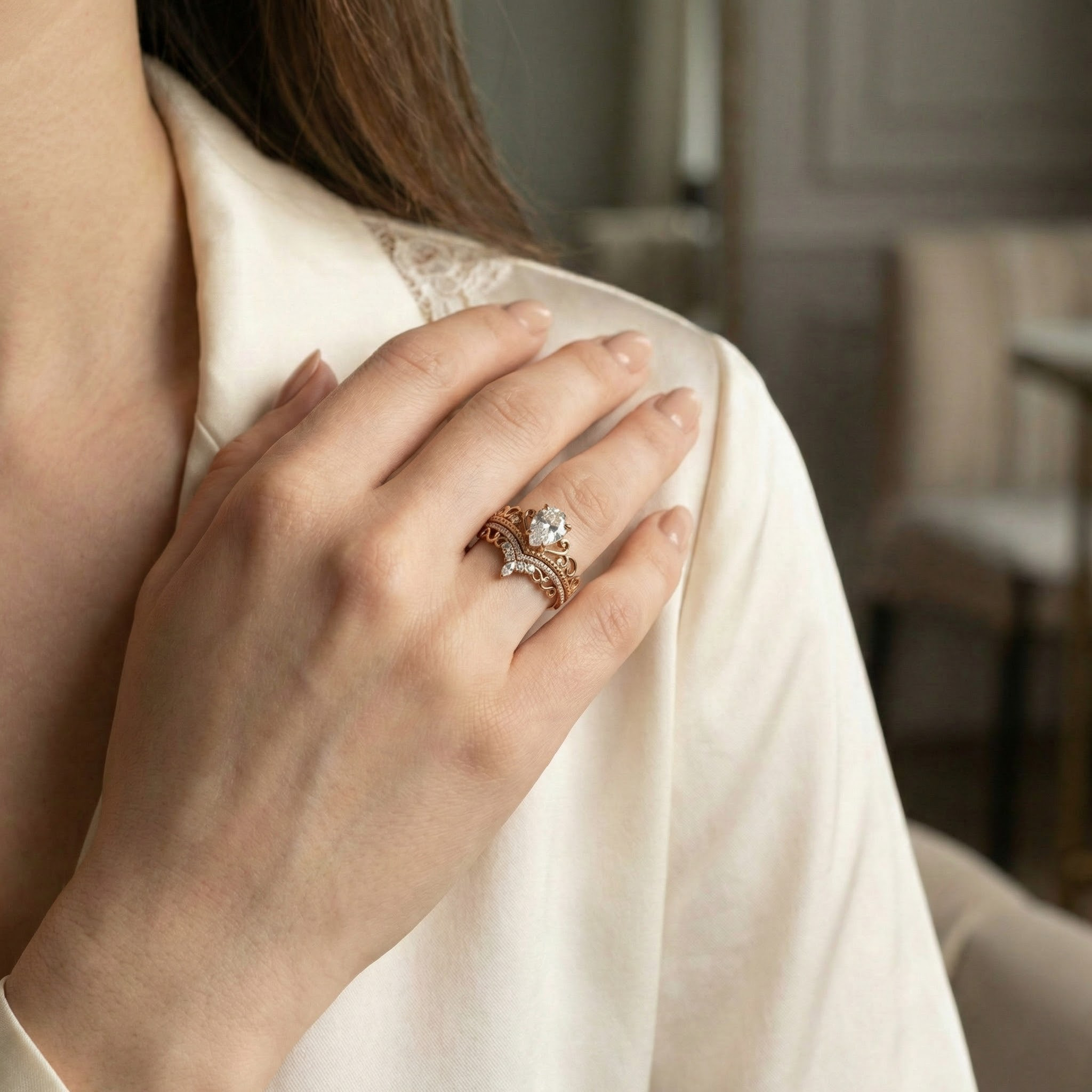 Exquisite pear cut moissanite engagement ring set for enhanced sparkle