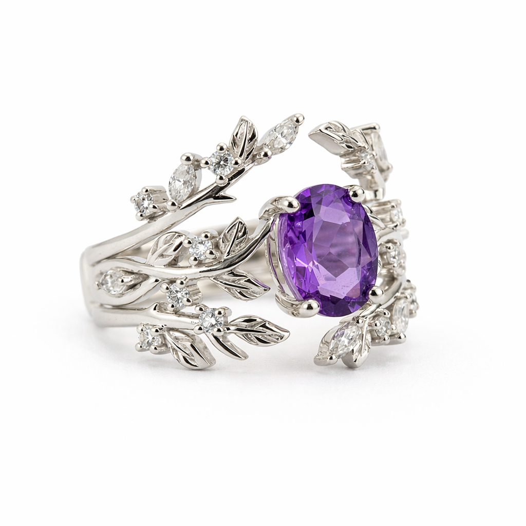 PETALIS - Oval Amethyst & Moissanite Leaf White Gold Ring Set Floral Engagement Ring