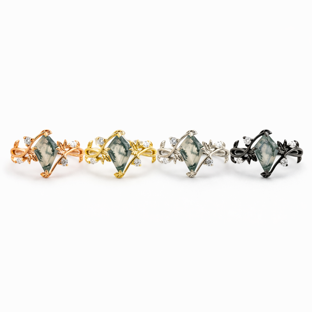 Lifestyle view of Kite Cut Moss Agate Engagement Ring in Gold